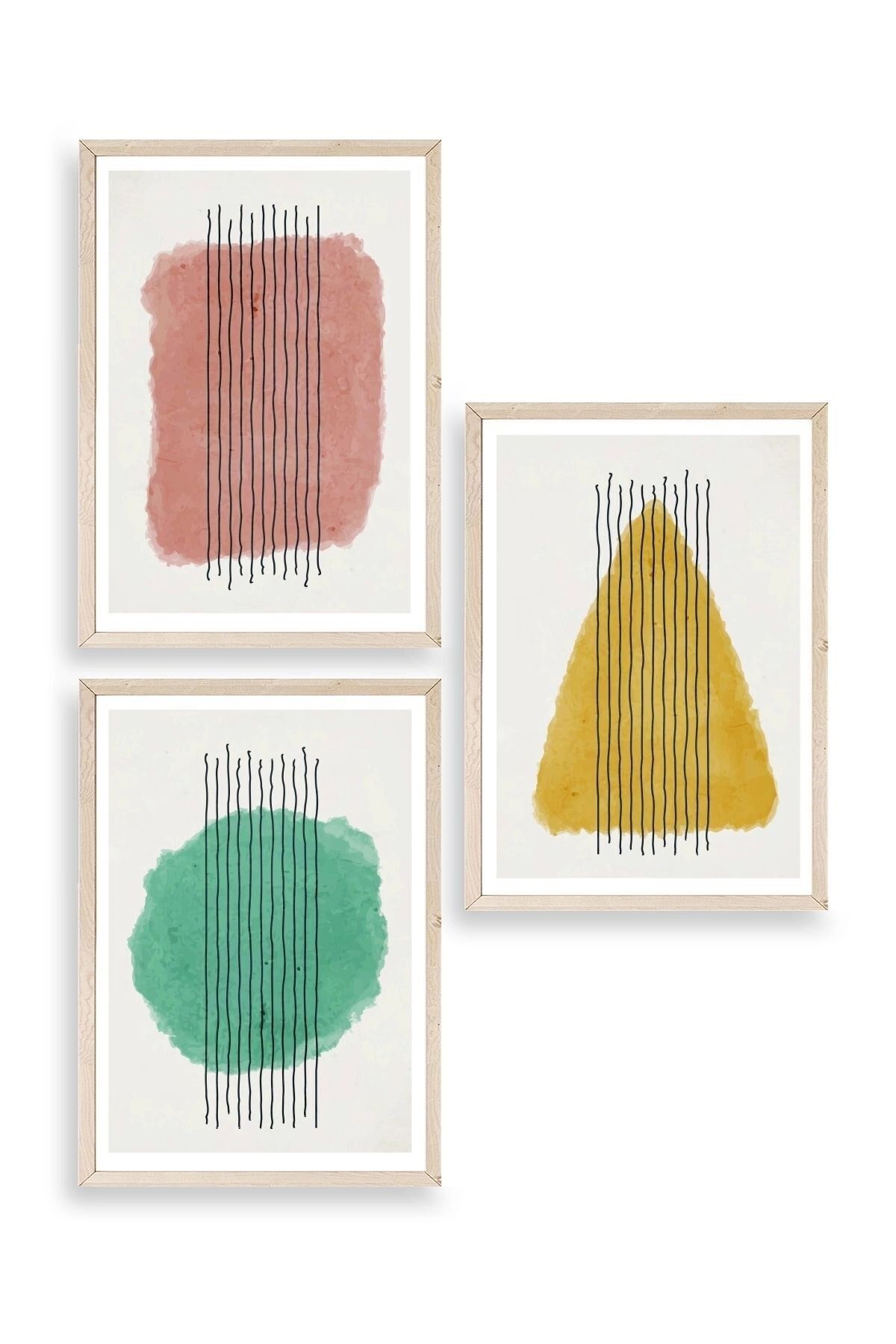Şekiller Kare Üçgen Üçlü Ahşap Çerçeveli Tablo 50 x 70