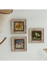 Çiçek Tasarımlı 3'lü Çerçeveli Taş Tablo , Çerçeveli Taş Duvar Dekoru 20 cm