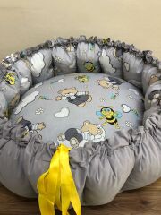 GRİ-AYICIK DESENLİ BEBEK YATAĞI , OYUN MİNDERİ