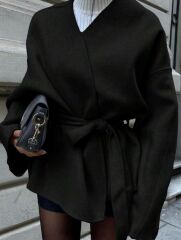 Bağlama Detaylı Rahat Kalıp Kaşmir Hırka/Ceket