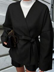 Bağlama Detaylı Rahat Kalıp Kaşmir Hırka/Ceket