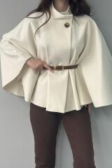 HAKİM YAKA KEMER DETAYLI KAŞE PANÇO