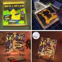 BUFFER® LED Işıklı Kendiliğinden Renkli Fosforlu Kalemli Kare Yazı Panosu 20x20 cm