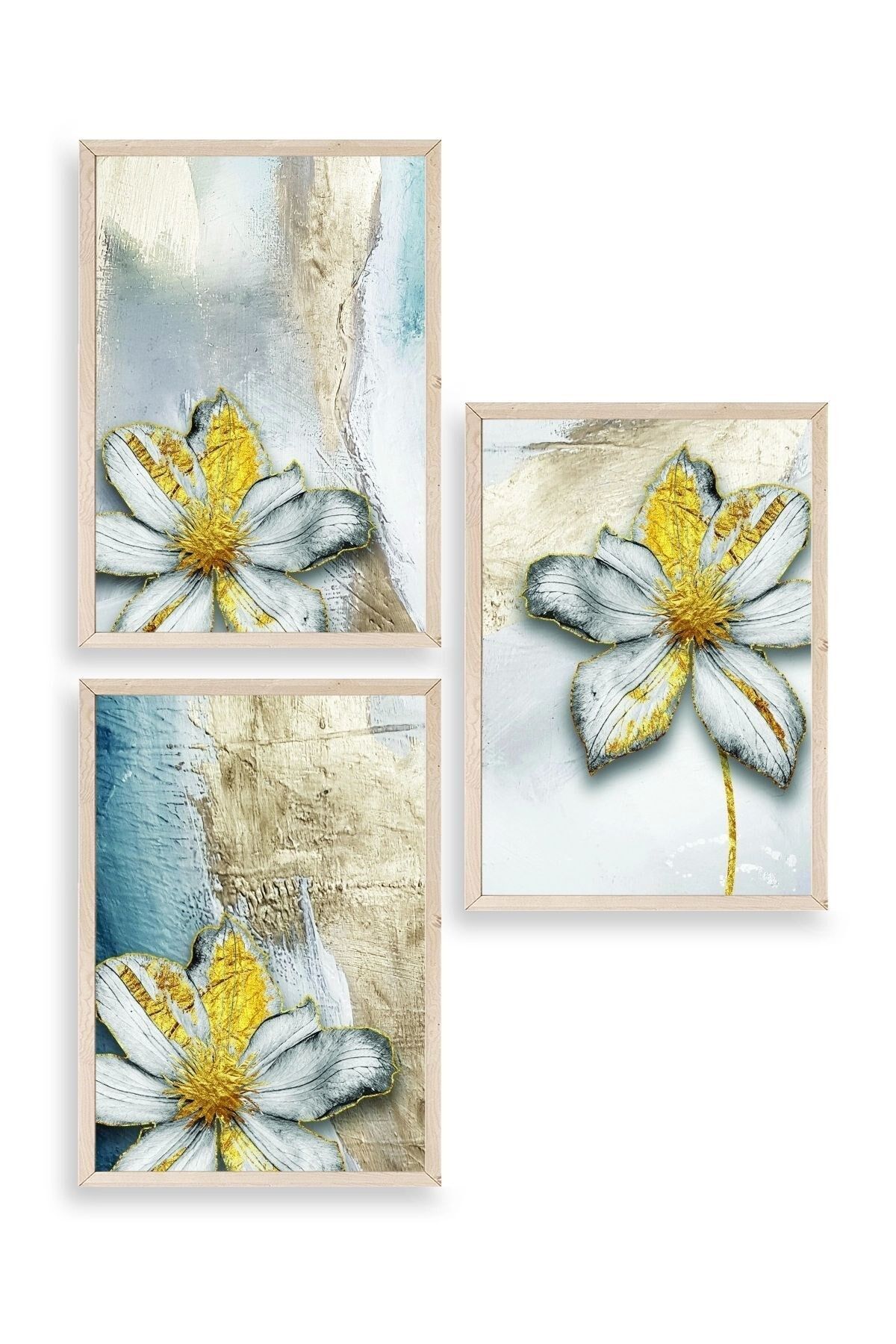 Çiçek Desenli Üçlü Ahşap Çerçeveli Tablo 50 x 70