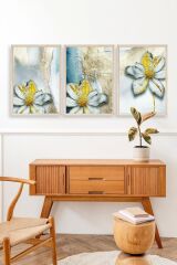 Çiçek Desenli Üçlü Ahşap Çerçeveli Tablo 50 x 70