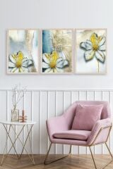 Çiçek Desenli Üçlü Ahşap Çerçeveli Tablo 17 x 23