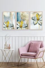 Çiçek Desenli Üçlü Ahşap Çerçeveli Tablo 23 x 30