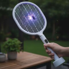 BUFFER® USB Şarjlı Beyaz Renk Kendiliğinden Standlı Şarj Göstergeli UV Işıklı Sinek Öldürme Raketi LTD-718