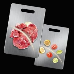 BUFFER® 2 Boy Paslanmaz Çelik Leke Tutmaz,Kırılmaz,Antibakteriyel,Elde ve Bulaşık Makinesinde Yıkanabilen Meyve,Sebze,Et,Tavuk Kesim Panosu