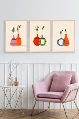 Çiçek Desenli Üçlü Ahşap Çerçeveli Tablo 50 x 70