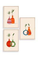 Çiçek Desenli Üçlü Ahşap Çerçeveli Tablo 23 x 30