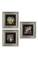 Çiçekler 3 lü Set Çerçeveli Taş Tablo 20 cm