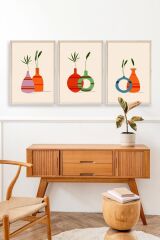 Çiçek Desenli Üçlü Ahşap Çerçeveli Tablo 30 x 42