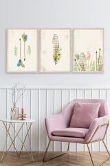 Çiçekli Desenler Üçlü Ahşap Çerçeveli Tablo 30 x 42