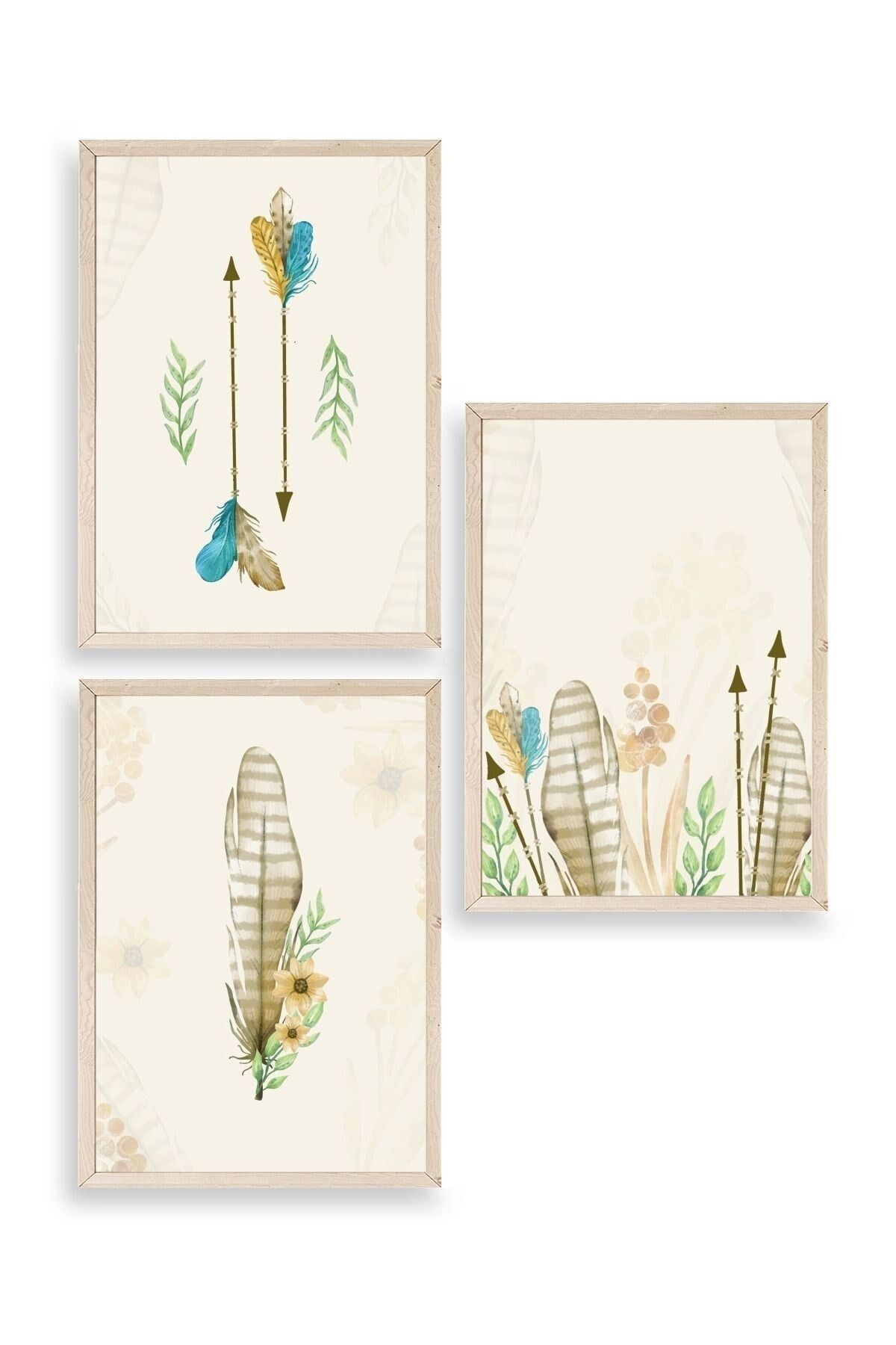 Çiçekli Desenler Üçlü Ahşap Çerçeveli Tablo 17 x 23