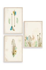 Çiçekli Desenler Üçlü Ahşap Çerçeveli Tablo 17 x 23