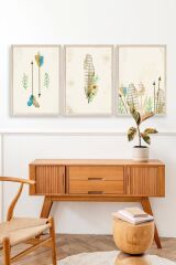 Çiçekli Desenler Üçlü Ahşap Çerçeveli Tablo 50 x 70