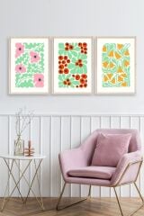 Çiçekler Üçlü Ahşap Çerçeveli Tablo 30 x 40