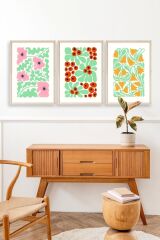 Çiçekler Üçlü Ahşap Çerçeveli Tablo 30 x 40