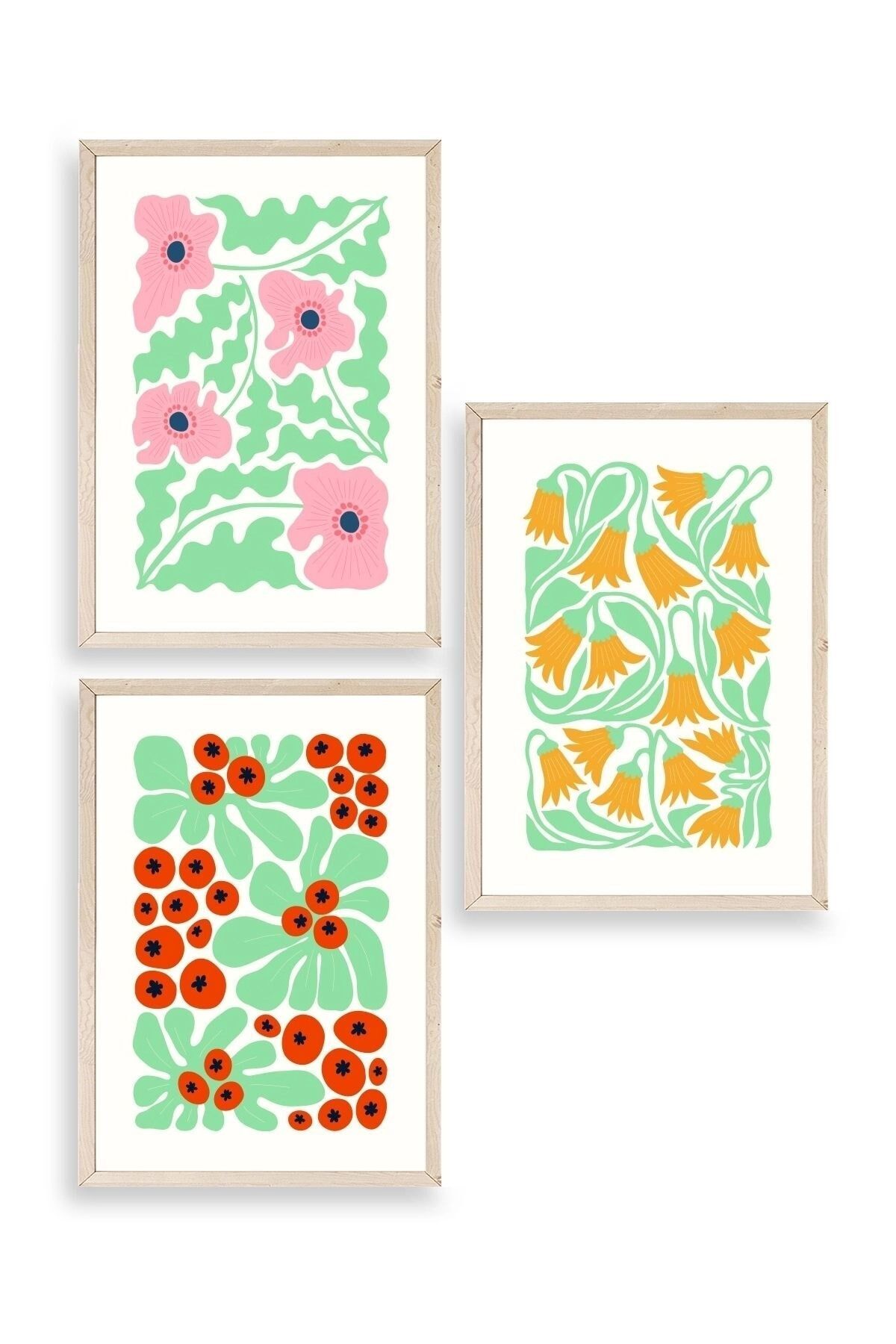 Çiçekler Üçlü Ahşap Çerçeveli Tablo 30 x 40