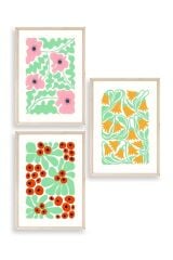 Çiçekler Üçlü Ahşap Çerçeveli Tablo 30 x 40