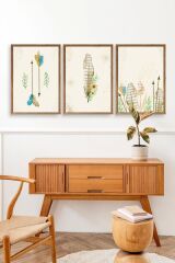 Çiçekli Desenler Üçlü Ahşap Çerçeveli Tablo 30 x 42