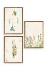 Çiçekli Desenler Üçlü Ahşap Çerçeveli Tablo 23 x 30