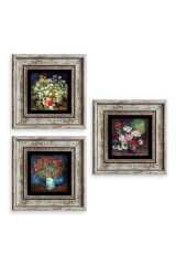 Çiçekler 3 lü Set Çerçeveli Taş Tablo 20 cm