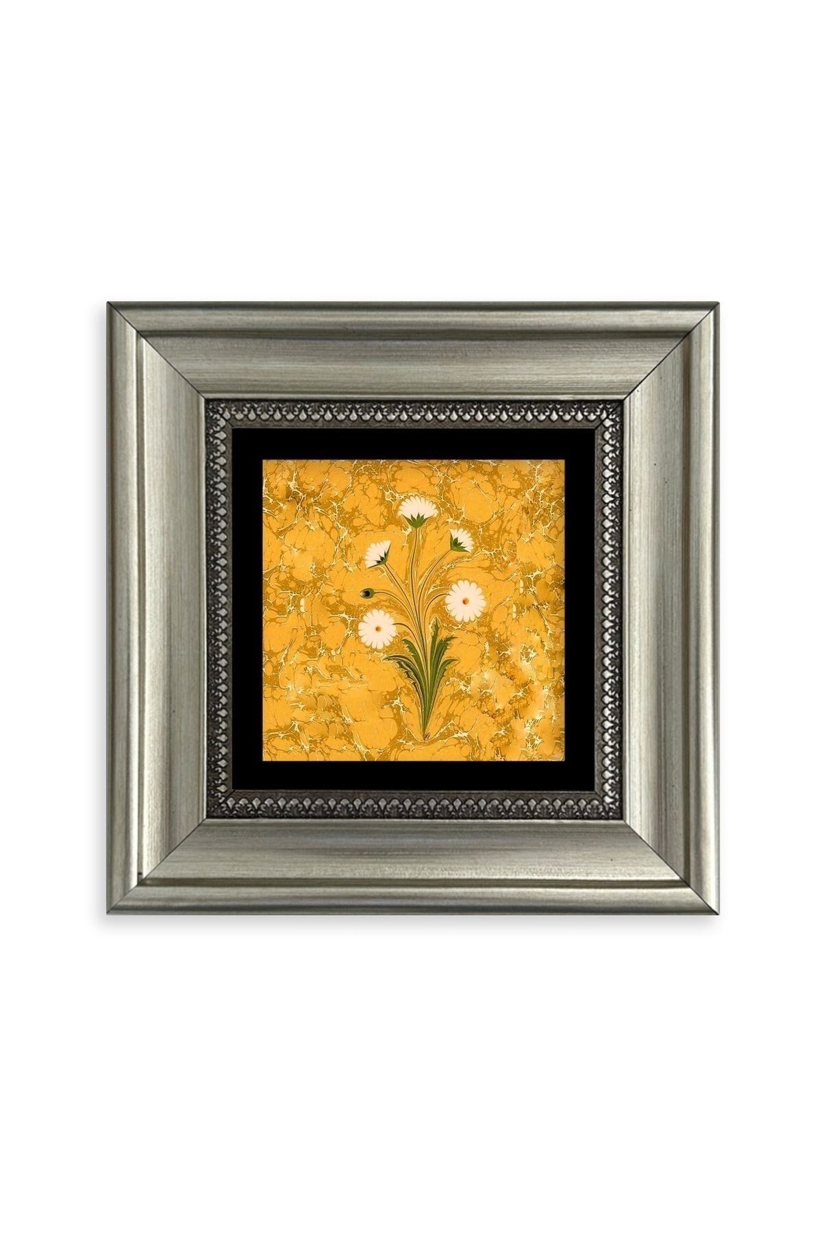 Ebru Sanatı Çiçek Çerçeveli Taş Tablo 20 cm