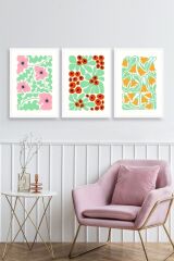 Çiçekler Üçlü Ahşap Çerçeveli Tablo 50 x 70