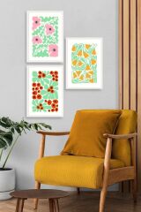 Çiçekler Üçlü Ahşap Çerçeveli Tablo 30 x 40