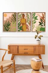 Düşündüren Çiçekli Üçlü Ahşap Çerçeveli Tablo 17 x 23