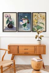 Vazodaki Çiçekler Üçlü Ahşap Çerçeveli Tablo 50 x 70