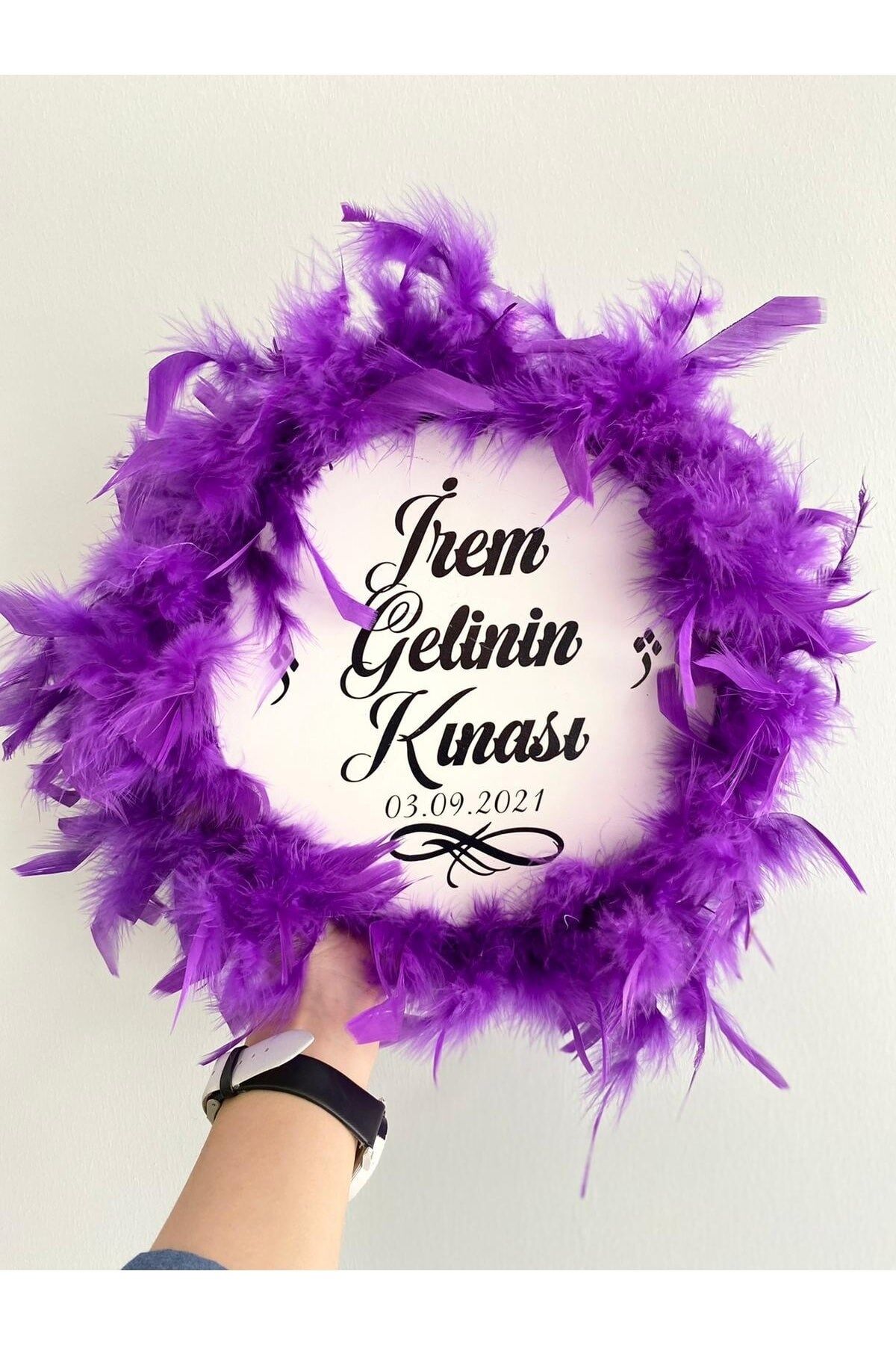 Kişiye Özel Tüylü Kına Gecesi Tefi,mor Tüylü Kına Tefi, Gelin Tefi (28 CM)