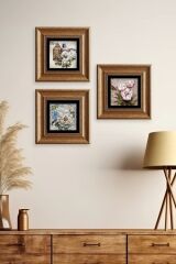 Çiçekler 3 lü Set Çerçeveli Taş Tablo 20 cm