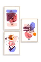 Çiçek Desenli Üçlü Ahşap Çerçeveli Tablo 50 x 70