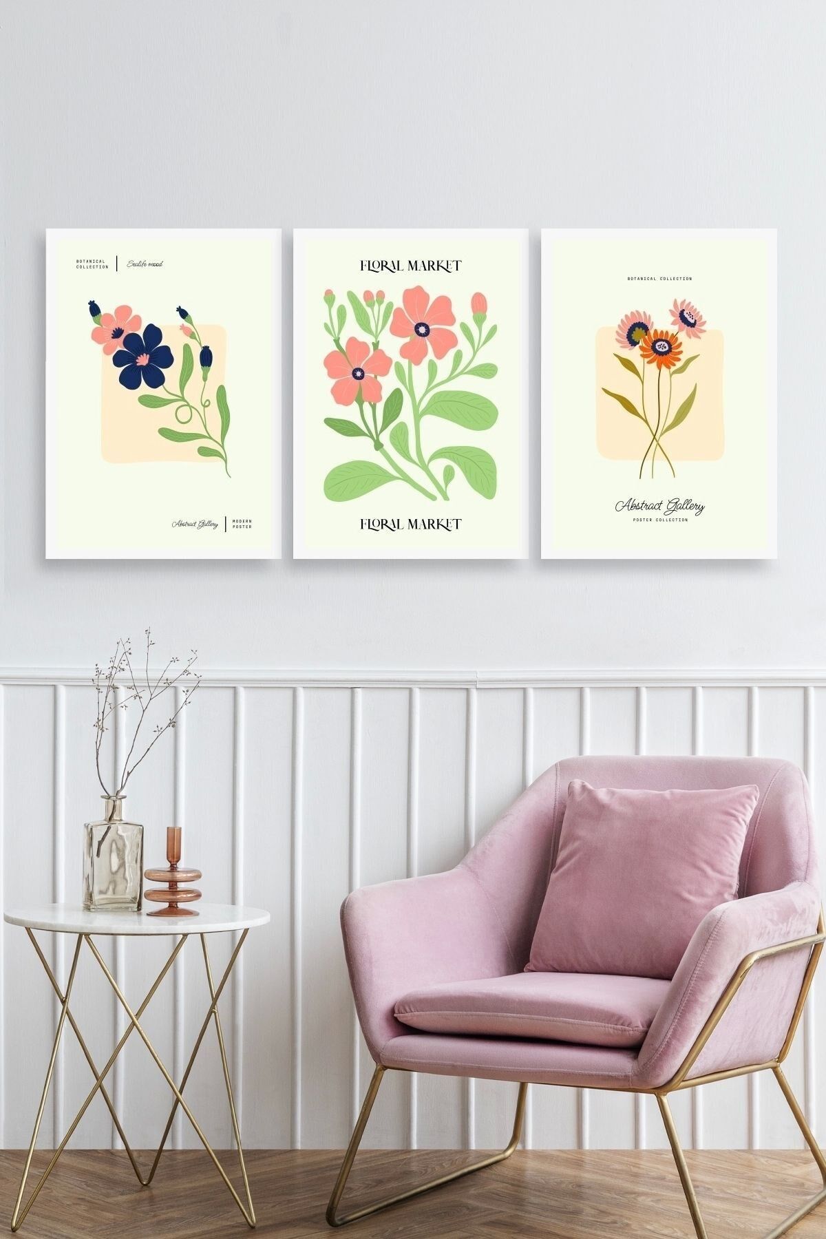 Flower Market Üçlü Ahşap Çerçeveli Tablo 50 x 70