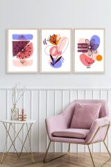 Çiçek Desenli Üçlü Ahşap Çerçeveli Tablo 23 x 30