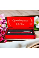 Öğretmenler Günü Tasarımlı Ahşap Kalem Kutusu - Kırmızı