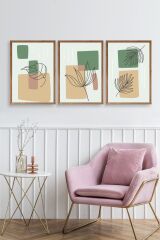 Çiçek Desenli Üçlü Ahşap Çerçeveli Tablo 30 x 42