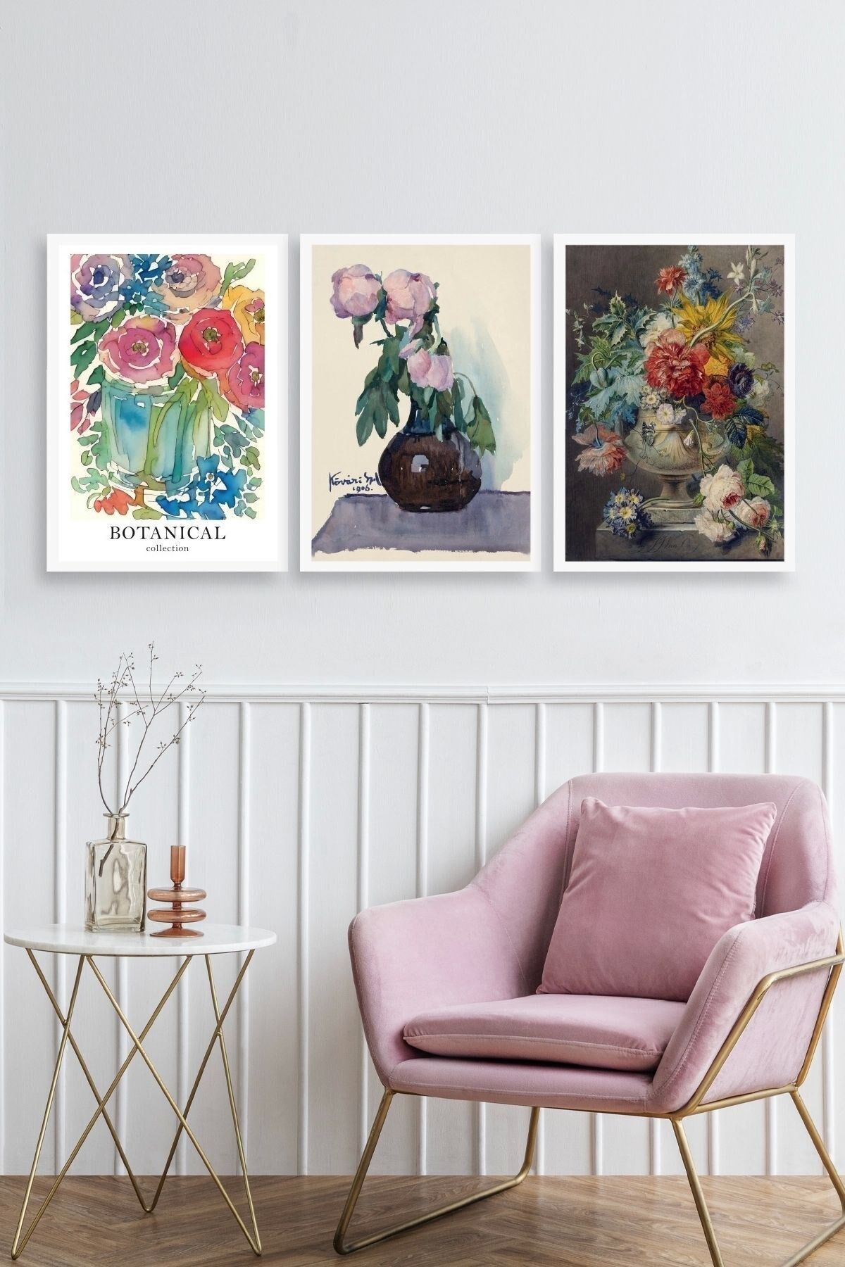 Çiçek Üçlü Ahşap Çerçeveli Tablo 50 x 70