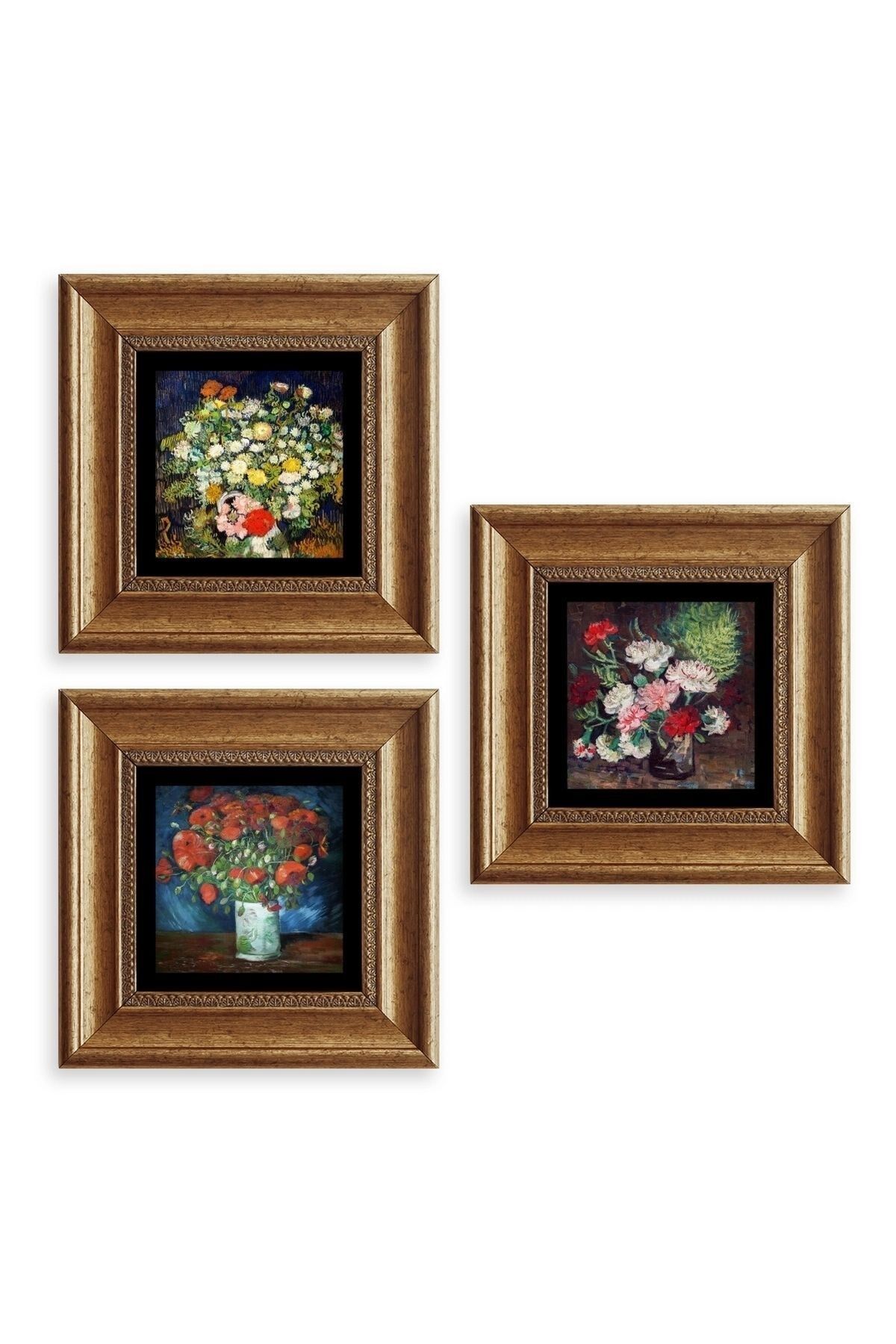 Çiçekler 3 lü Set Çerçeveli Taş Tablo 20 cm