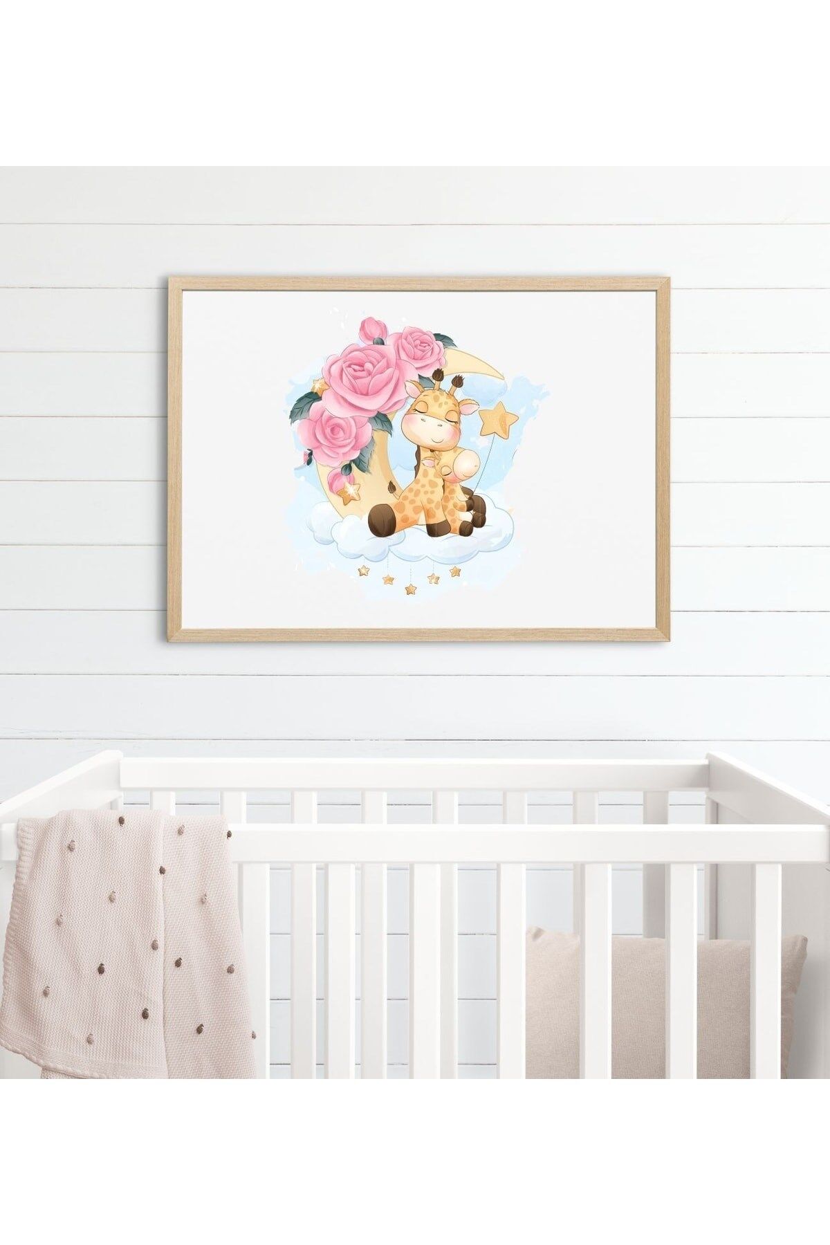 Ahşap Zürafa Baskılı Bebek Odası Çerçeveli Tablo - Naturel 35 x 50