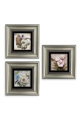 Çiçekler 3 lü Set Çerçeveli Taş Tablo 20 cm