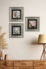 Çiçekler 3 lü Set Çerçeveli Taş Tablo 20 cm