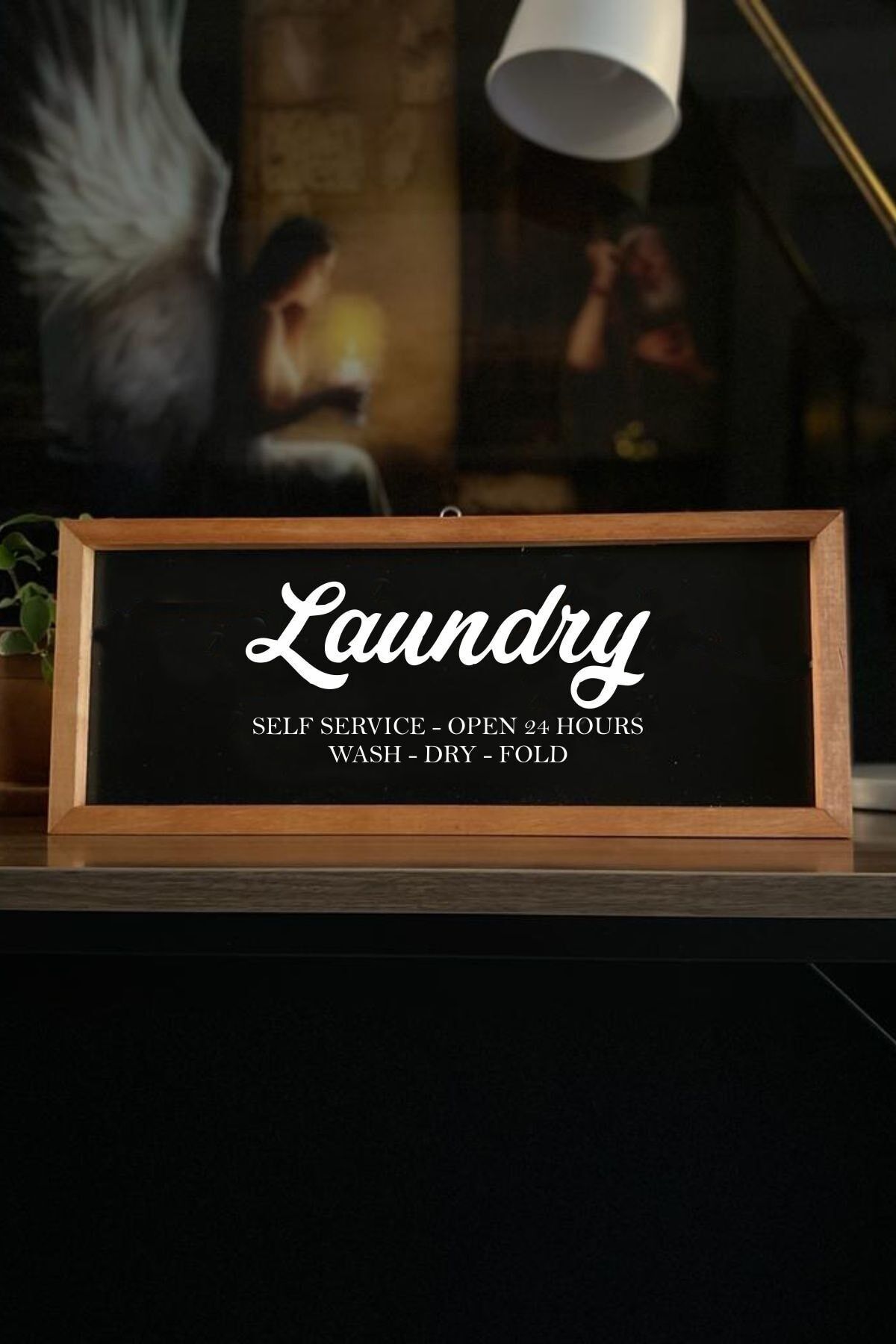 Banyo Siyah Zemin Laundry-self Service Ahşap Çerçeve 50 x 110