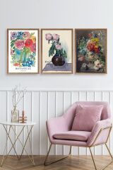 Çiçek Üçlü Ahşap Çerçeveli Tablo 40 x 60